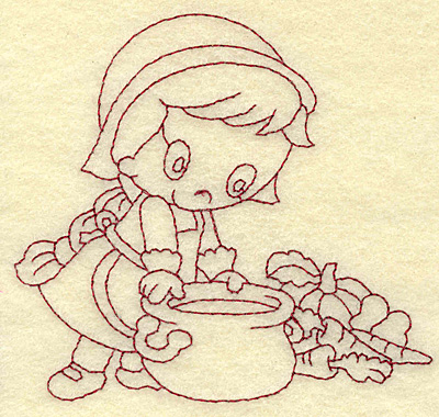Embroidery Design: Pilgrim girl cooking redwork 3.80w X 3.55h