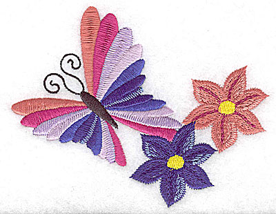 Embroidery Design: Butterfly with two flowers large 4.92w X 3.85h