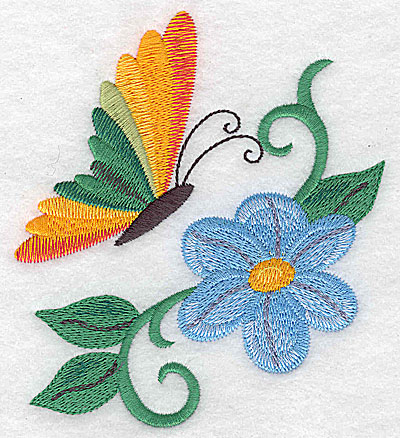 Embroidery Design: Butterfly with flower and vines large 4.39w X 4.92h