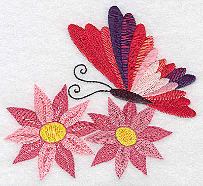Embroidery Design: Butterfly over two flowers large 4.89w X 4.39h