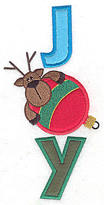 Embroidery Design: Joy vertical with reindeer and ornament triple applique 6.97w X 3.43h