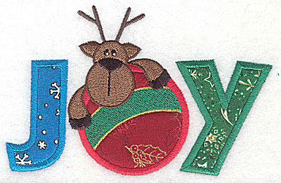 Embroidery Design: Joy horizontal with reindeer and ornament triple applique 5.19w X 3.33h