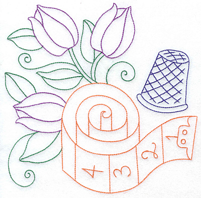 Embroidery Design: Tulips tape measure and thimble large 7.61w X 7.58h