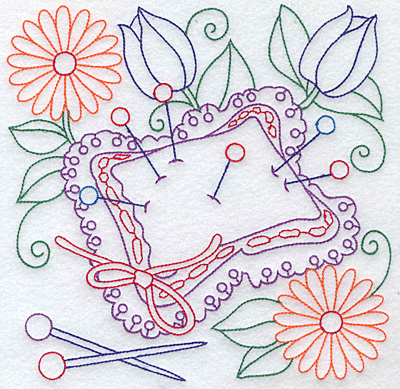 Embroidery Design: Pin cushion and flowers large 7.58w X 7.59h
