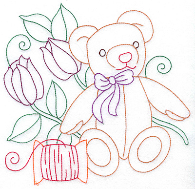 Embroidery Design: Teddy bear spool and flowers large 7.60w X 7.40h