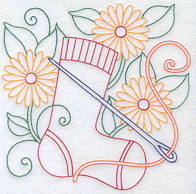 Embroidery Design: Sock needle thread and flowers large  7.62w X 7.55h