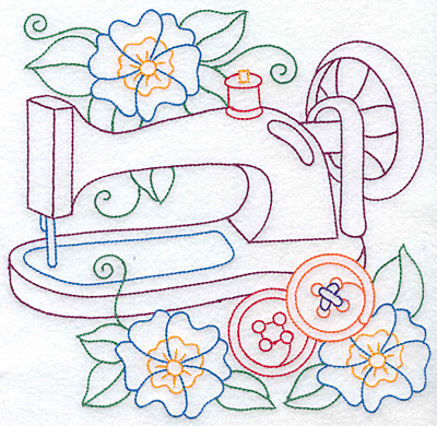 Embroidery Design: Sewing machine and flowers large 7.63w X 7.59h