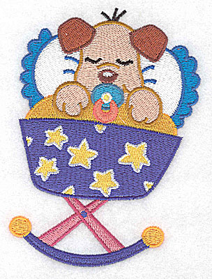 Embroidery Design: Baby puppy in cradle large 3.73w X 4.96h
