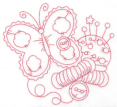 Embroidery Design: Butterfly and pin cushion redwork large 5.65w X 5.20h