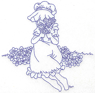 Embroidery Design: Girl in Sunbonnet sitting among flowers large 5.97w X 5.88h