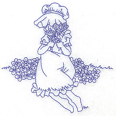 Embroidery Design: Girl in Sunbonnet sitting among flowers medium 4.78w X 4.70h