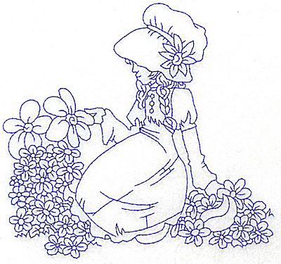 Embroidery Design: Girl in Sunbonnet sitting amid flowers large 5.92w X 5.60h
