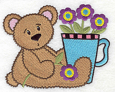 Embroidery Design: Teddy bear with flowers in cup large 4.97w X 3.97h