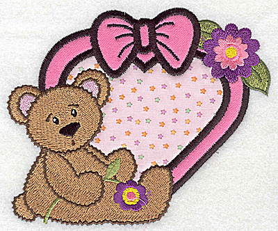 Embroidery Design: Teddybear next to framed heart double applique 5.12w X 4.33h