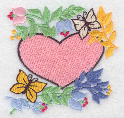 Embroidery Design: Heart flowers and butterflies 3.63w X 3.51h