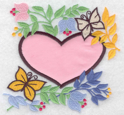 Embroidery Design: Heart applique flowers and butterflies 4.98w X 4.79h