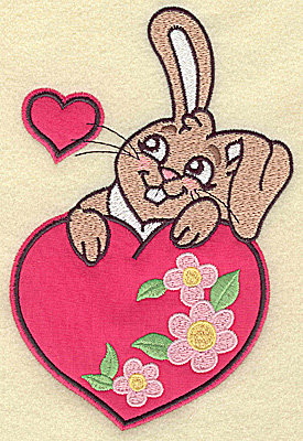 Embroidery Design: Bunny resting on floral hearts appliques 6.94w X 4.65h