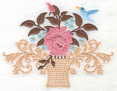 Embroidery Design: Vase with roses blossoms and bird small 4.87w X 3.79h