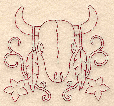Embroidery Design: Redwork longhorn skull and feathers 3.83w X 3.44h