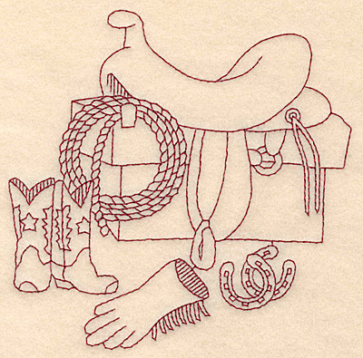 Embroidery Design: Redwork western scene with saddle 4.80w X 4.83h