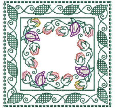 Embroidery Design: Flower Buds In Leaf Frame Lg 7.01w X 7.01h