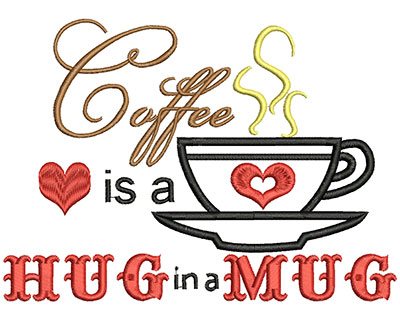 Embroidery Design: Hug in a Mug AppliqueH=5.00 X W=6.95