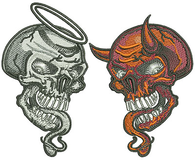 Embroidery Design: Good Skull and Evil Skull Lg 6.05w X 4.86h