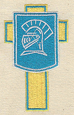 Embroidery Design: Cross with shield Trojan helmet 1.81w X 3.00h