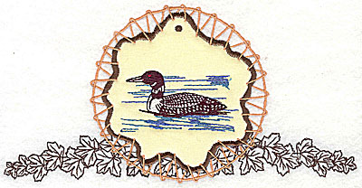 Embroidery Design: Loon on applique with leaves 7.81w X 3.94h