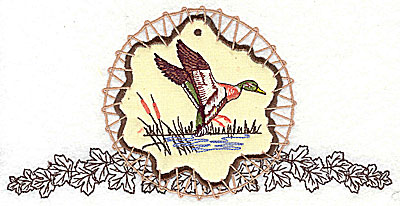 Embroidery Design: Duck on applique with leaves 7.81w X 3.94h