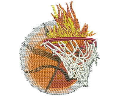 Embroidery Design: Flaming Basketball With Net Lg 3.88w X 4.49h