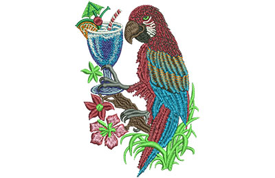 Embroidery Design: Parrot With Drink Lg 3.73w X 5.37h