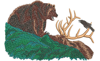 Embroidery Design: Grizzly With Elk Lg 6.01w X 4.06h