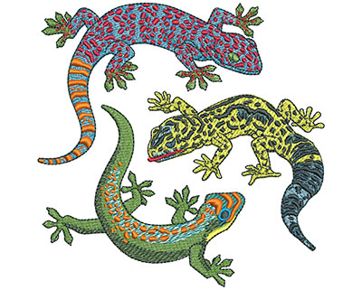 Embroidery Design: Three Geckos Lg 4.41w X 4.38h