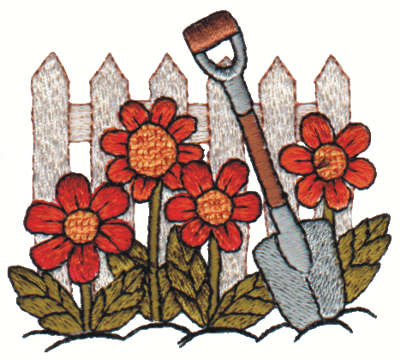 Embroidery Design: Fence w/ Flowers & Shovel3.01" x 2.65"
