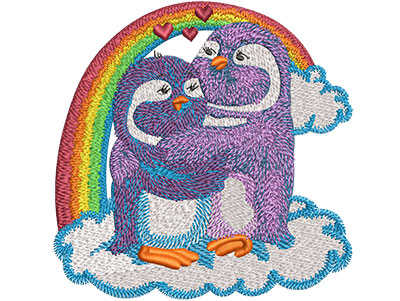 Embroidery Design: Rainbow Penguin Lovebirds Lg 4.51w X 4.49h
