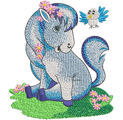 Embroidery Design: Little Pony With Bird Lg 3.98w X 4.52h