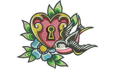 Embroidery Design: Heart Lock Swallow 5.37w X 4.56h