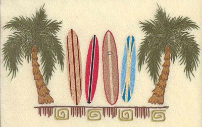 Embroidery Design: Palm Trees w/ Surf Boards & Motif11.6w X 6.97h
