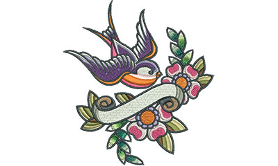 Embroidery Design: Swallow Tattoo Banner with Flowers 4.51w X 4.95h