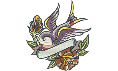 Embroidery Design: Swallow Tattoo with Roses 4.67w X 5.01h