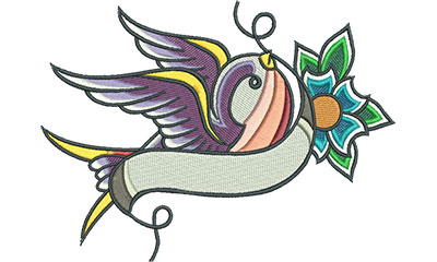 Embroidery Design: Swallow Tattoo with Cherry Blossom 6.34w X 4.65h