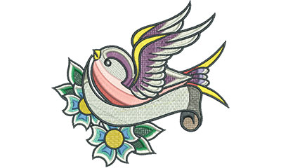 Embroidery Design: Swallow Tattoo with Cherry Blossoms 4.95w X 4.66h