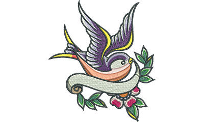 Embroidery Design: Swallow Tattoo with Cherry Blossom and Banner 6.34w X 4.65h
