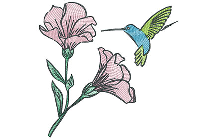Embroidery Design: Hummingbird with Blooming Flowers 7.30w X 7.09h