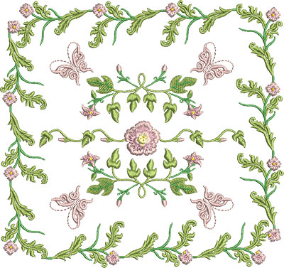 Embroidery Design: Rose and Butterfly Block 8 7.28w X 6.86h