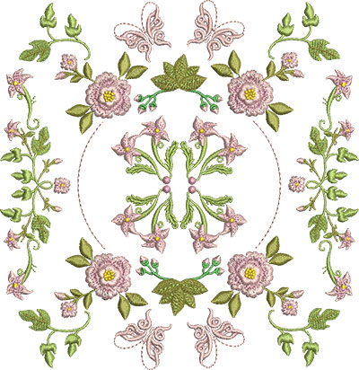 Embroidery Design: Rose and Butterfly Block 11 6.99w X 7.18h