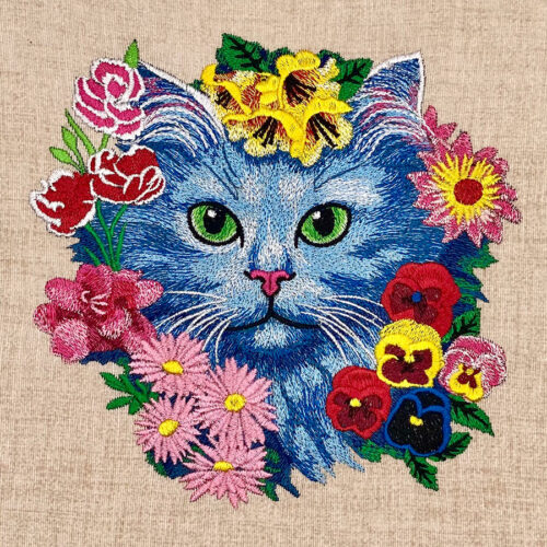 kitten with flowers embroidery design