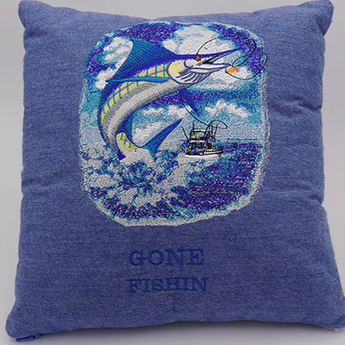 Gone fishing embroidered pillow