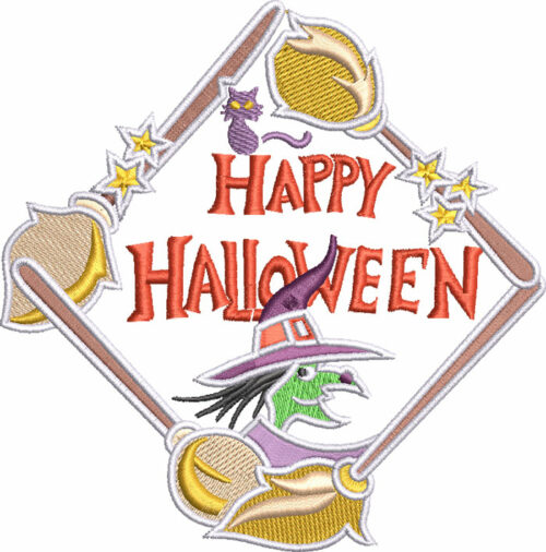 happy hallowee witch embroidery design